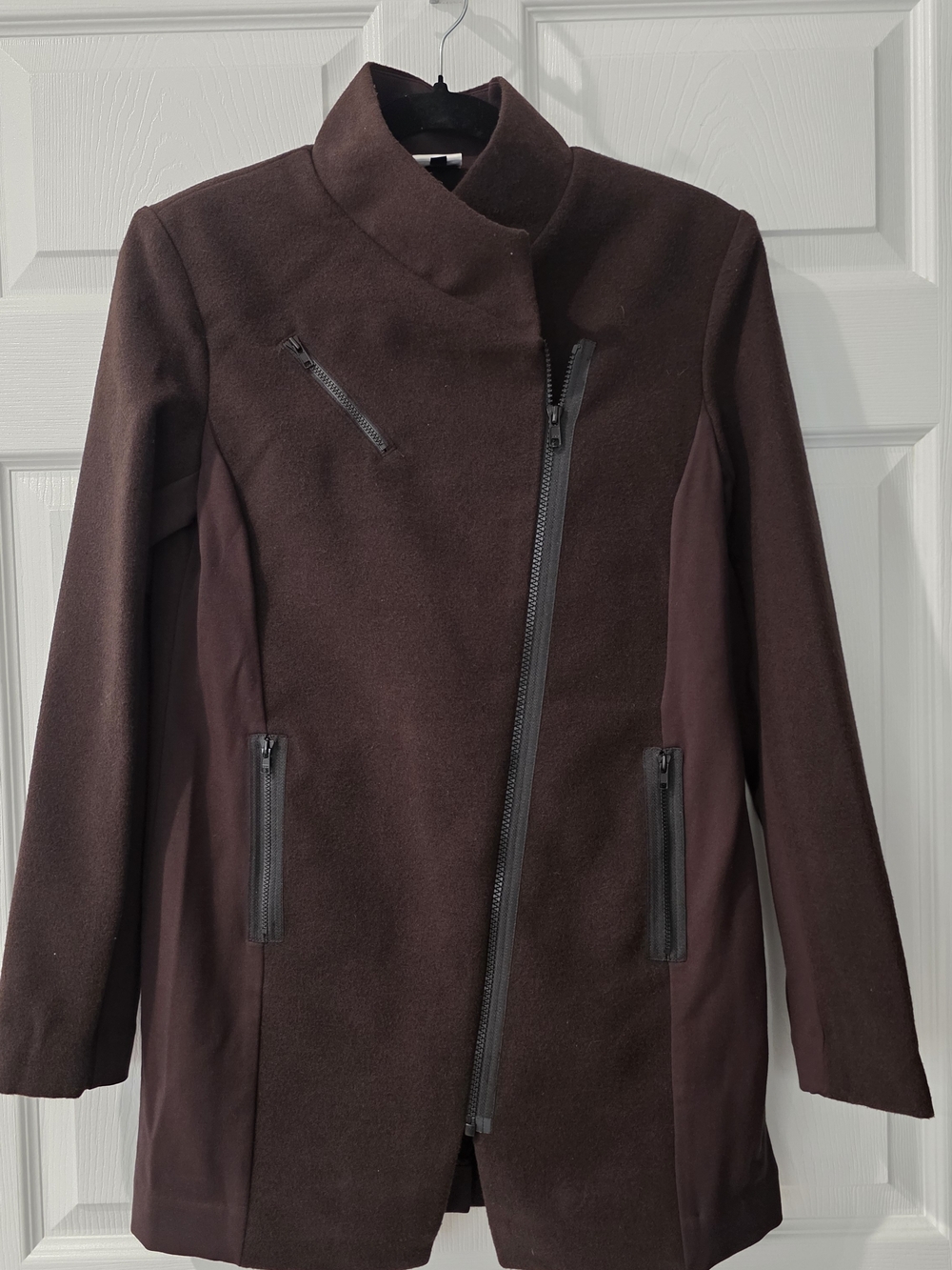 CAbi Asymmetrical Zip Trench Coat in Dark Brown